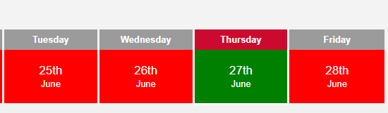 Screenshot of appointment calendar showing available dates in green and unavailable in red