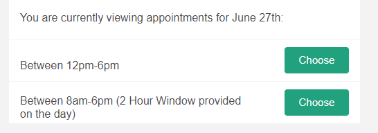 Screenshot showing available appointment time slots for Samsung repair booking