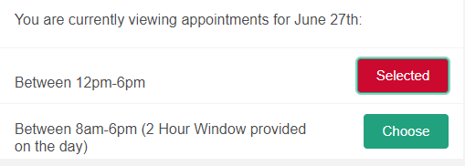 Screenshot showing a confirmed appointment selection with Selected status