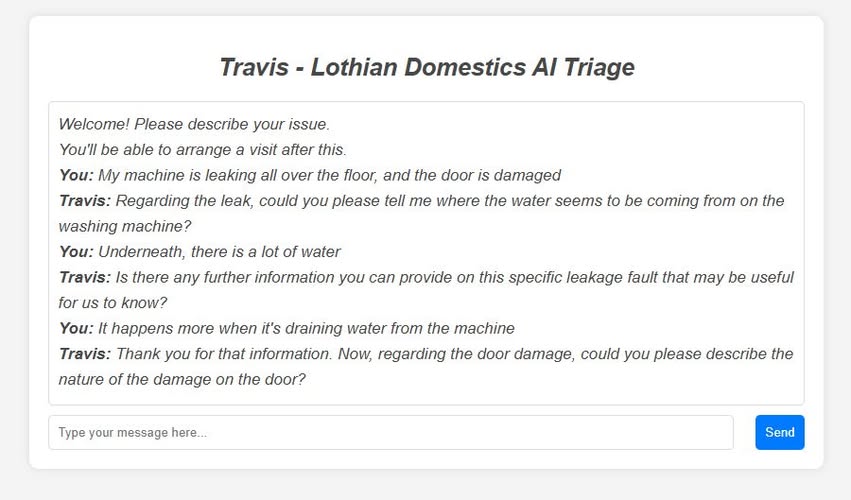 Screenshot of Travis AI chatbot helping diagnose Samsung appliance faults